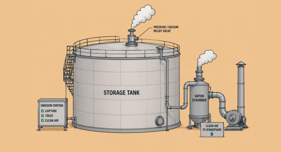 Industrial storage tank with emission system