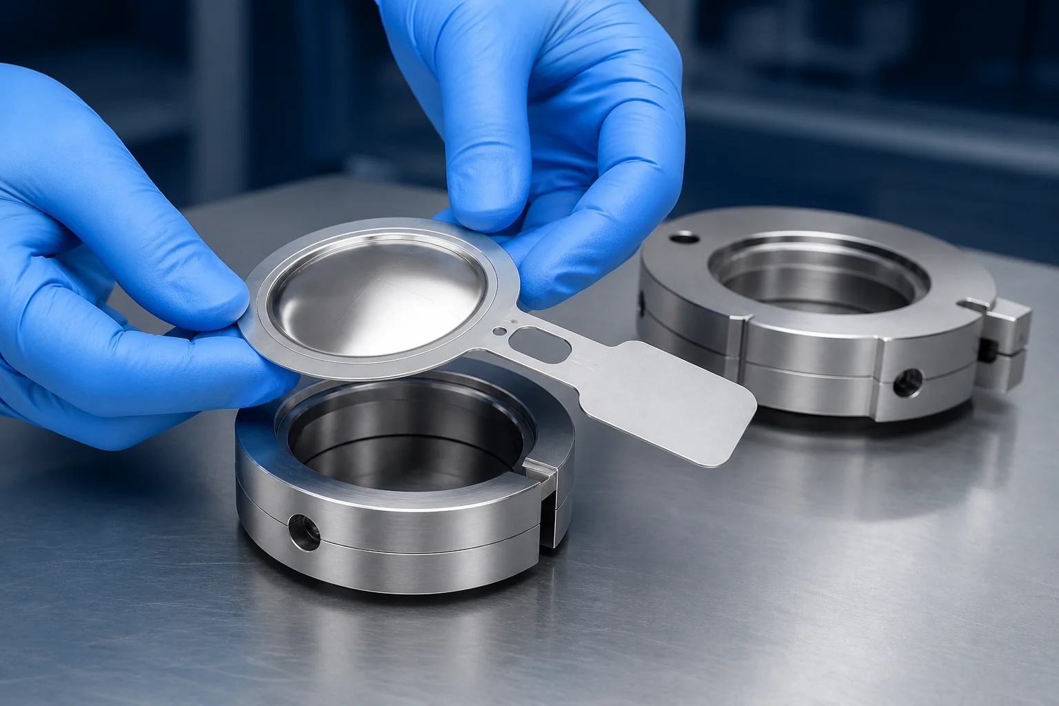 Gloved technician handling a domed bursting disc above its machined holder