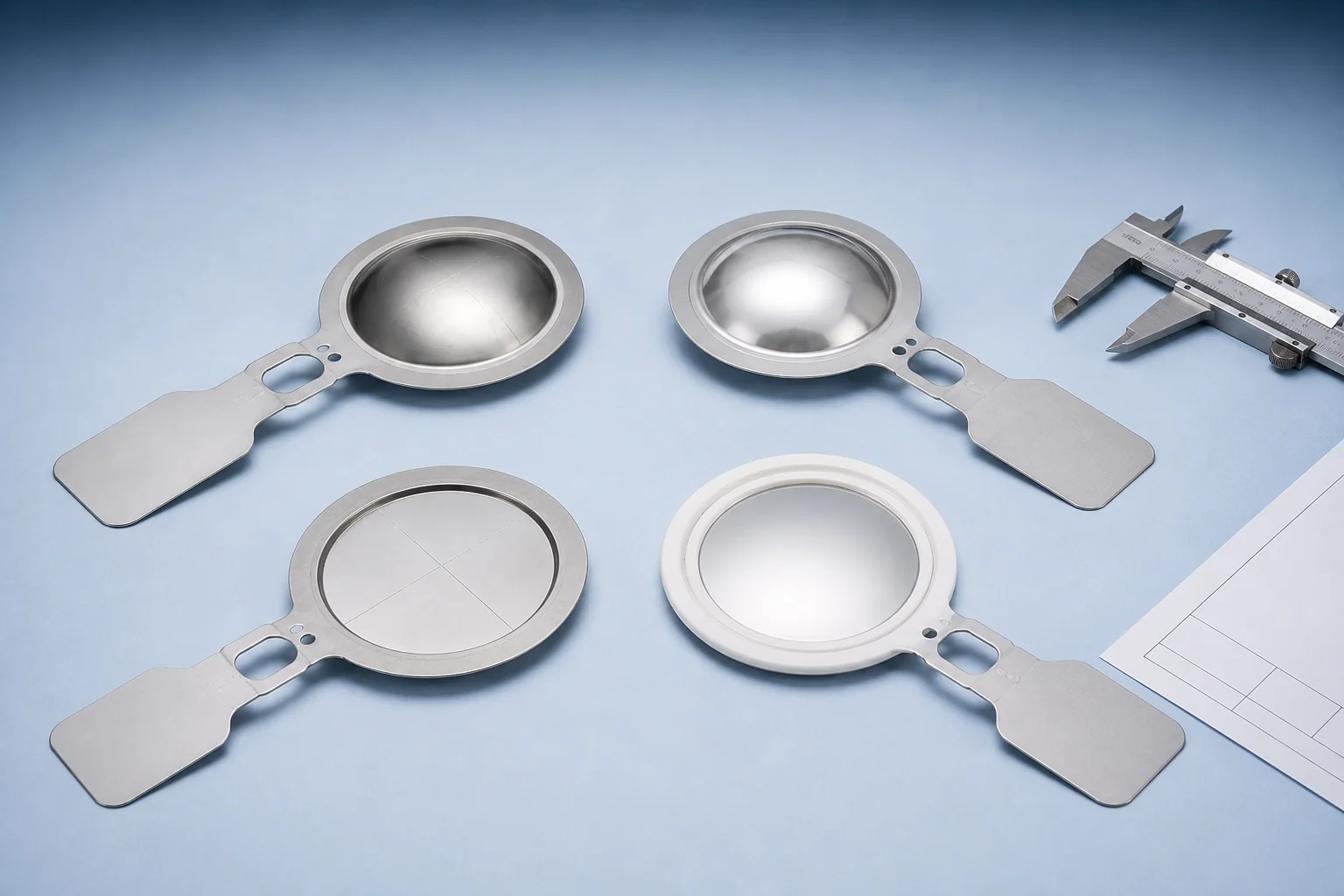 Four bursting-disc constructions arranged for engineering selection and comparison