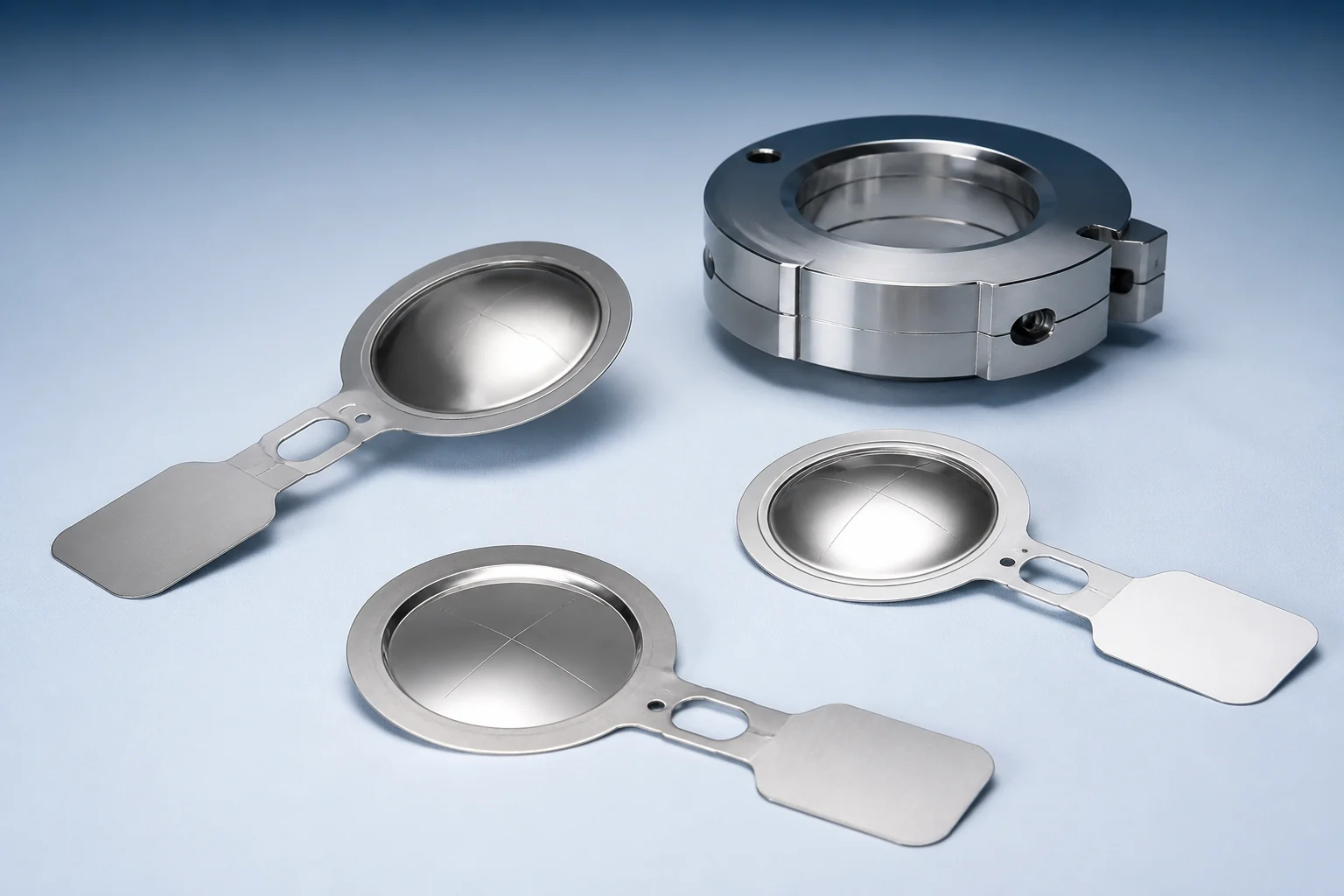 Three metallic bursting discs with blank identification tags beside a machined disc holder